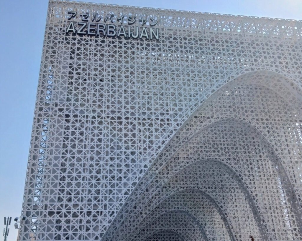 White lattice-style exterior of the Azerbaijan Pavilion at Expo 2025 Osaka