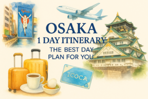 Watercolor illustration of Osaka 1 day itinerary featuring Glico sign, Osaka Castle, airplane, luggage, ICOCA card, and Japanese breakfast.