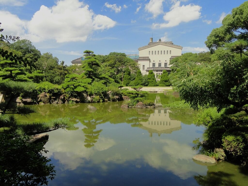 Osaka City Museum of Fine Arts with Keitakuen Garden in the foreground