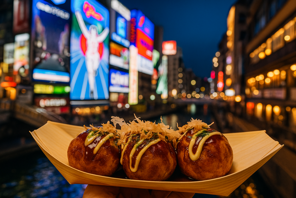Takoyaki in front of Dotonbori’s iconic Glico sign in Osaka – a must-try local street food